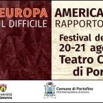 Sagoma di un oratore su sfondo granata con titolo “Europa / America – Il difficile rapporto”, locandina del Festival della Politica 2025 a Portofino